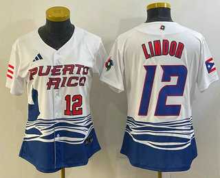 Women%27s Puerto Rico Baseball #12 Francisco Lindor Number 2023 White World Classic Stitched Jerseys